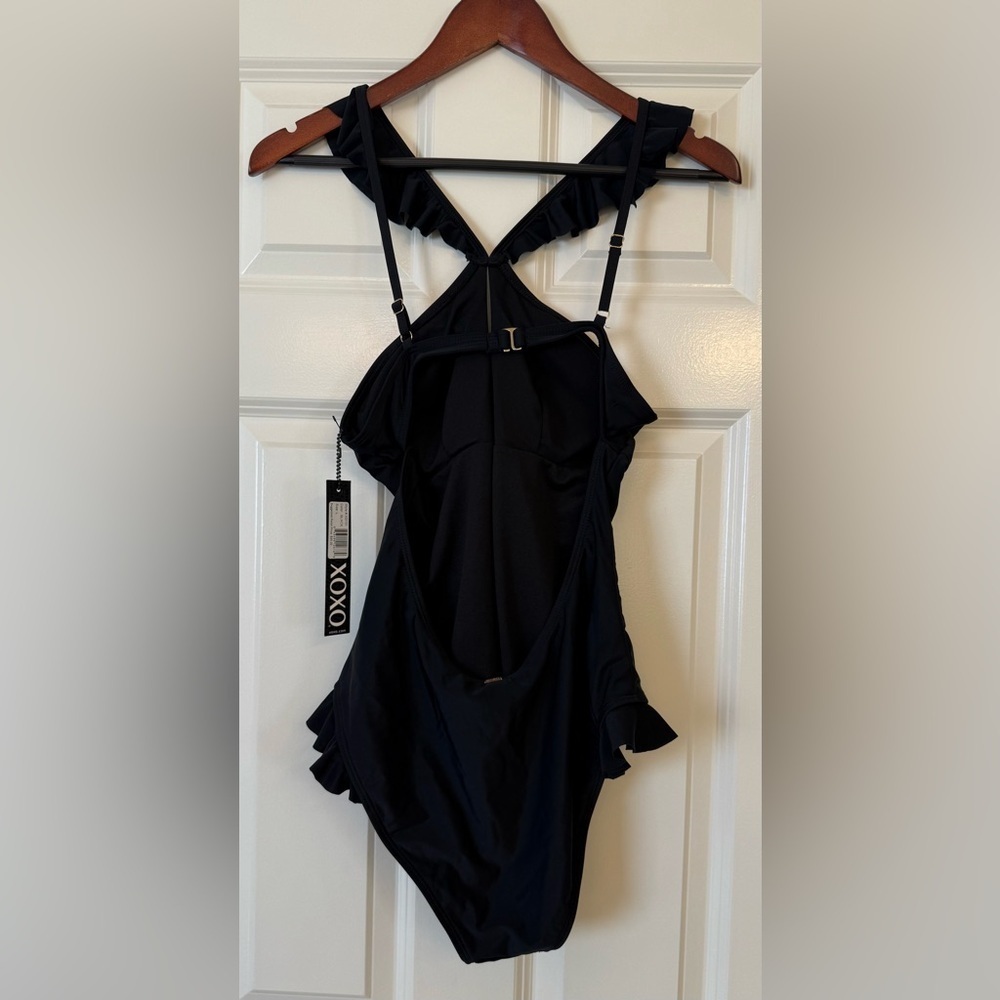 NWT XOXO Black One Piece Swim Suit with feminine detail ruffle Size large - Picture 2 of 7